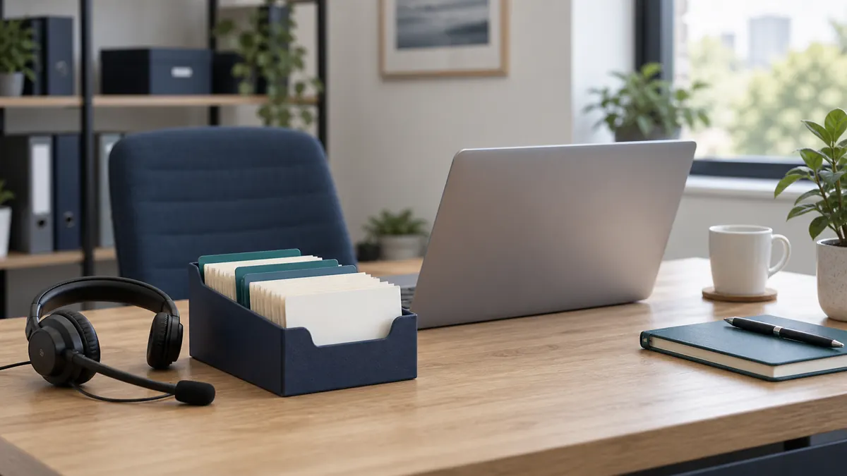 Bureau op een uitzendkantoor met een headset en geordende blanco informatiekaarten naast een laptop