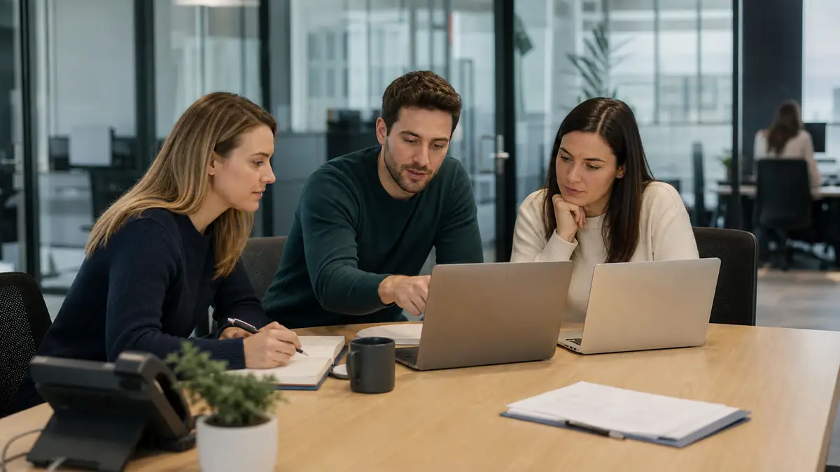 Staffing operations team reviewing concise AI voice call summaries on laptops in a calm office