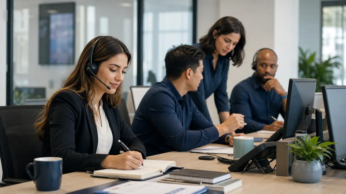 Recruitment operations team reviewing interview confirmations and voice automation in a staffing office