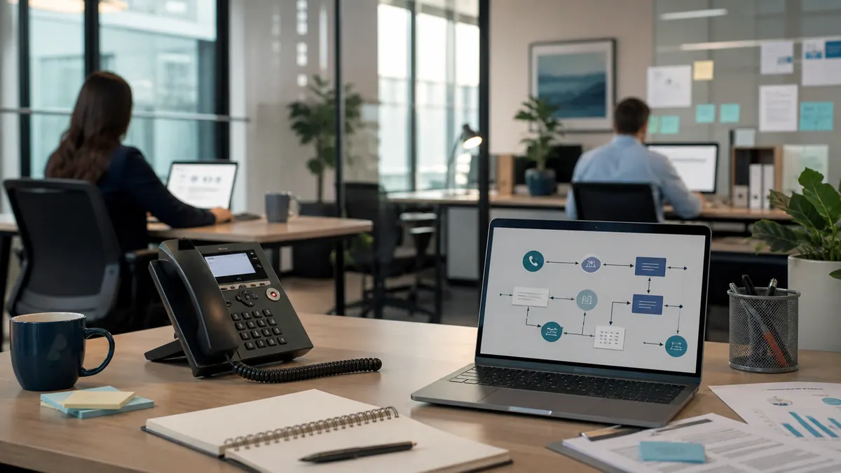 Staffing operations desk capturing missed client calls with a structured phone workflow and laptop