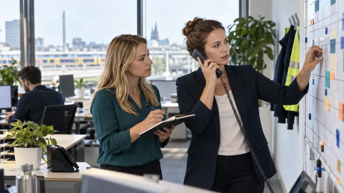 Staffingcoördinatoren behandelen een telefoontje over een vervoersprobleem naast een werkrooster