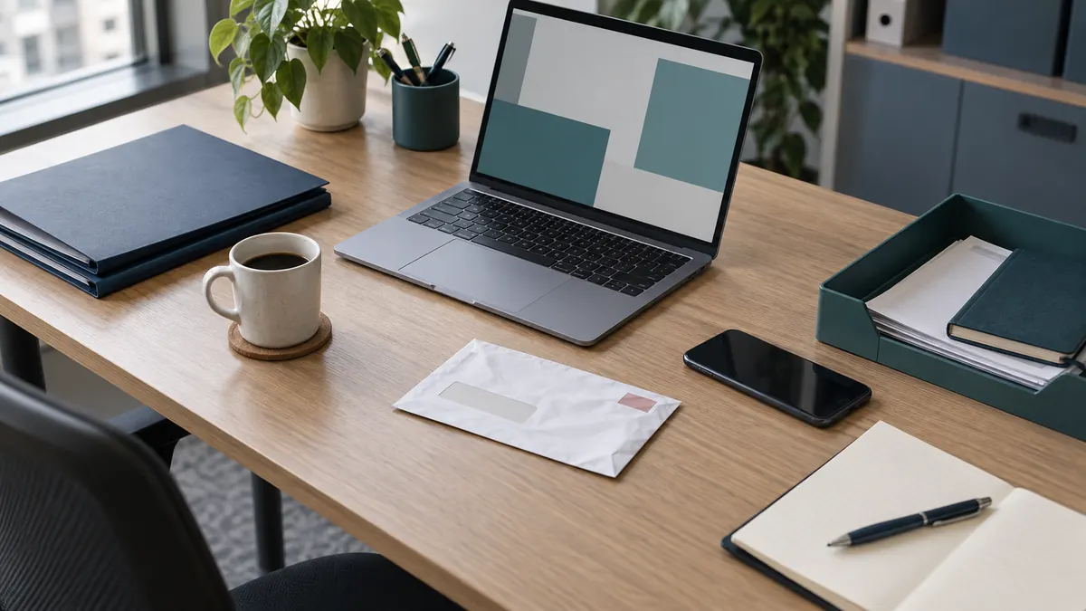 Recruitment office desk with an envelope, phone and laptop beside a teal document tray