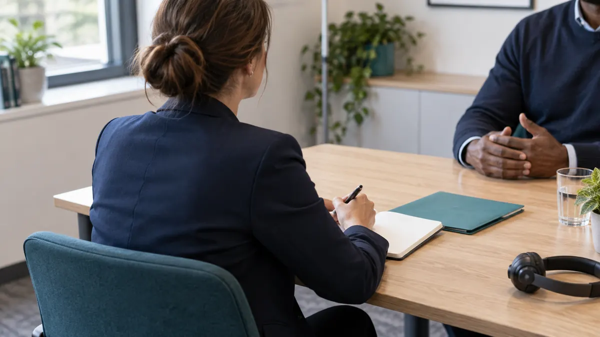 Recruitment professional listening across a table with a notebook, teal folder and headset nearby