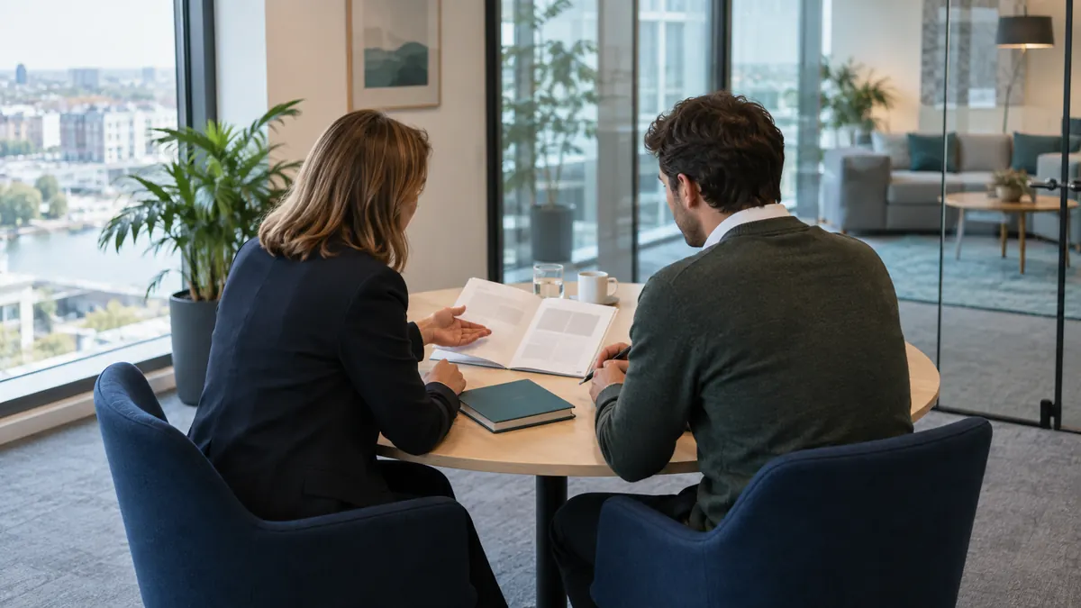 Intercedent en kandidaat bespreken samen een voorbereidingsmap in een lichte kantoorruimte