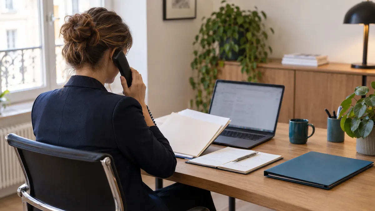 Recruiter voert een telefoongesprek voor een referentiecheck en bekijkt een dossier op kantoor