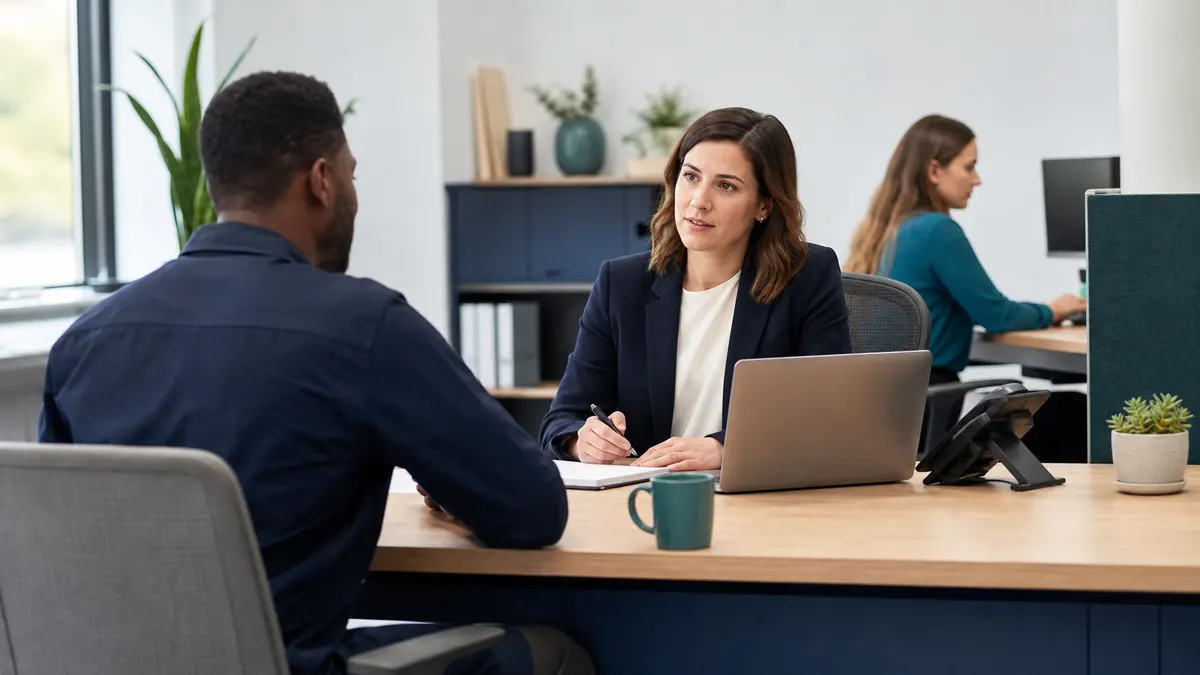 Staffing recruiter reviewing a referred candidate conversation with an active worker in a modern office