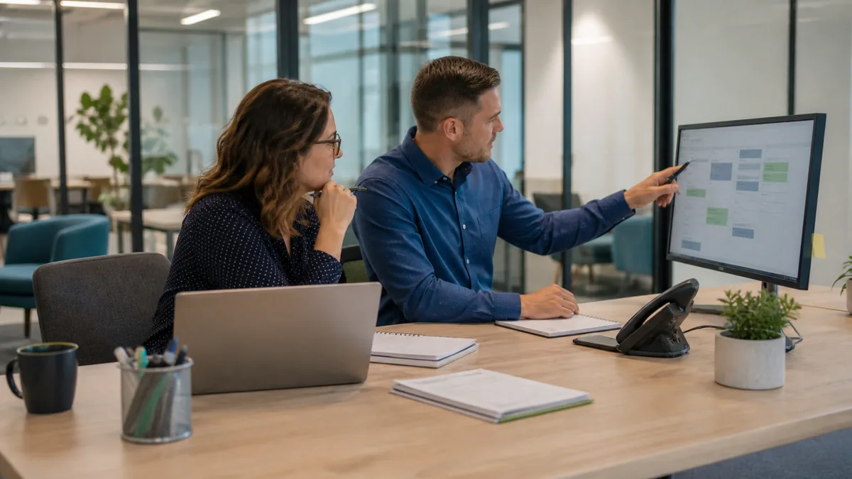 Recruitment team reviewing candidate reschedules, interview slots, and follow-up actions in a staffing office