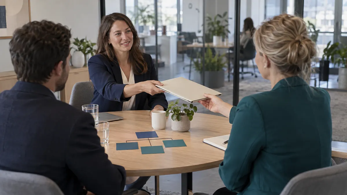 An agency account manager hands a folder to a client representative during an office meeting