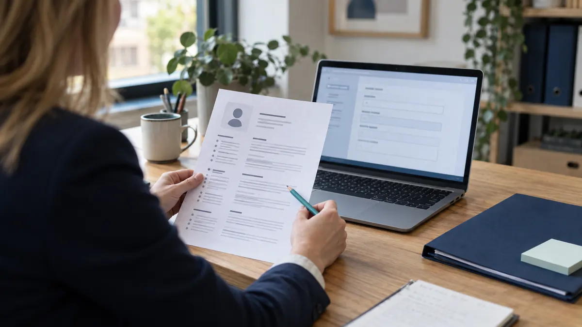 Recruiter comparing an abstract CV document with candidate fields on a laptop