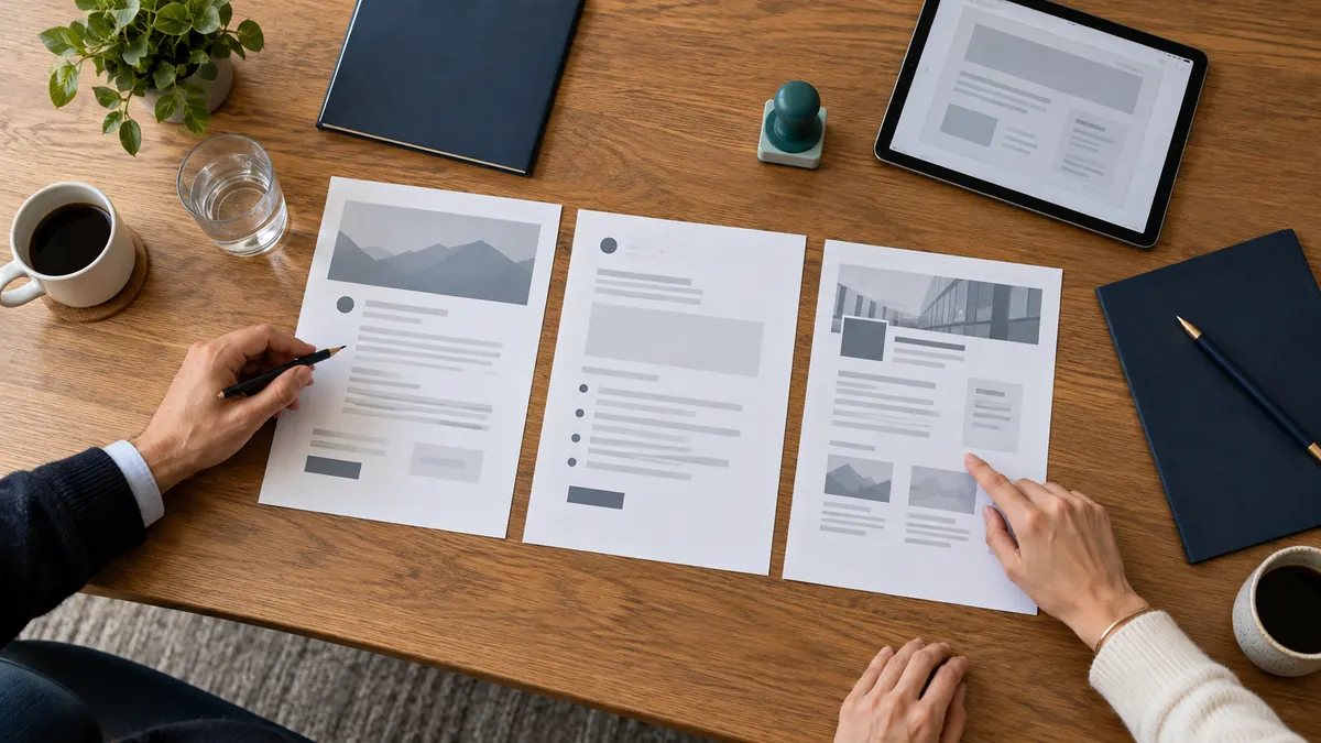 Collega's beoordelen abstracte vacatureproeven naast een tablet op een vergadertafel