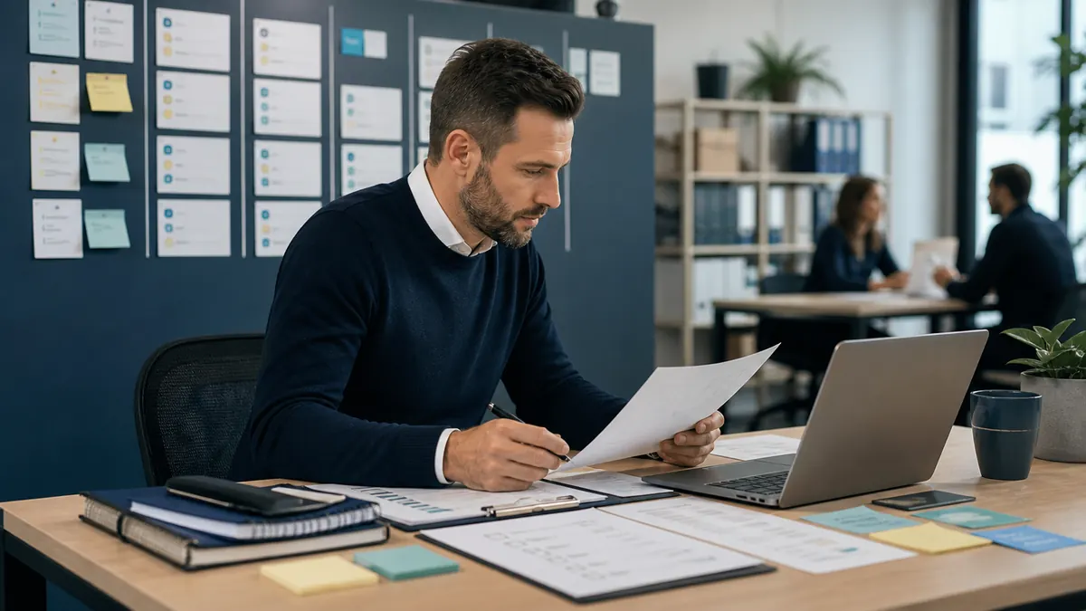 Manager operacyjny agencji pracy analizujący audyt CRM rekrutacyjnego z notatkami o pipeline i workflow