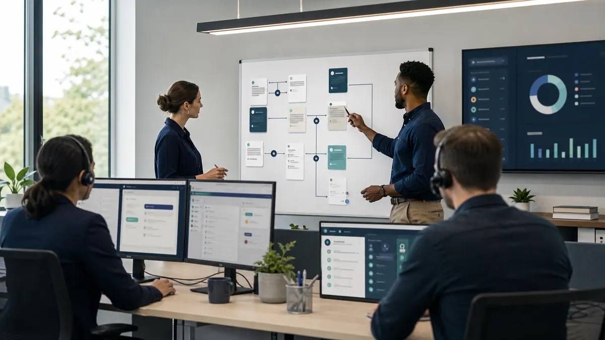 Staffing operations team reviewing CRM automation rules and recruiter task flow in a modern office