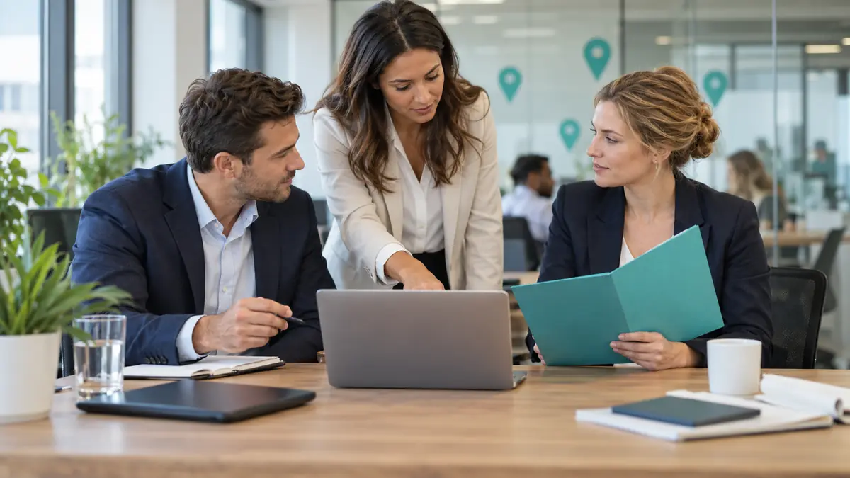 Staffing colleagues coordinating a candidate transfer around a laptop and teal folder