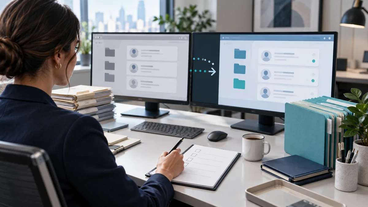 Hands comparing plain work cards between two laptops on an oak office table