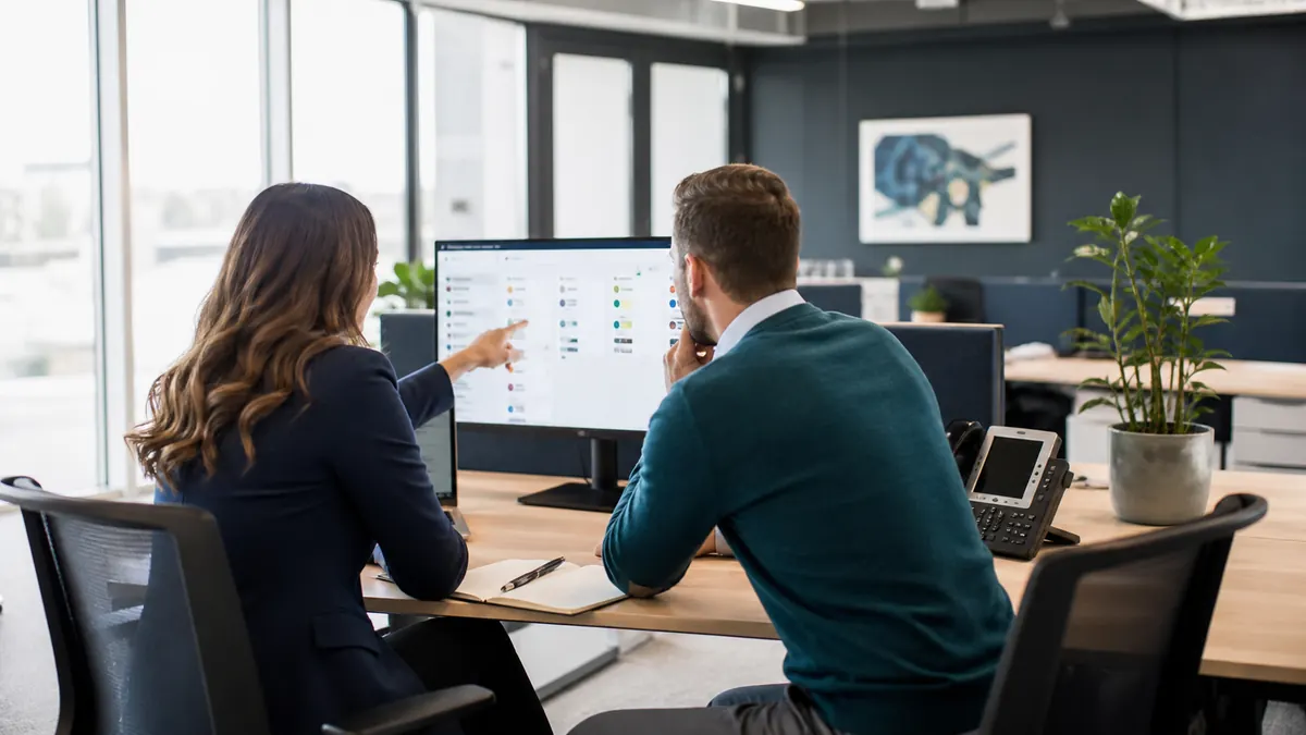 Two staffing recruiters reviewing one shared CRM workflow to avoid duplicate follow-up