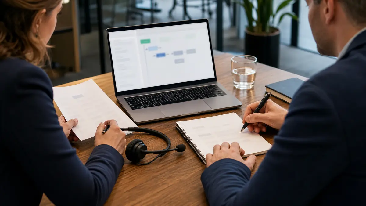 Recruiters reviewing structured candidate notes beside a laptop in a staffing office