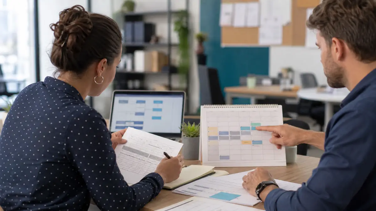 Staffing operations colleagues reviewing a timesheet exception and shift schedule at a shared desk