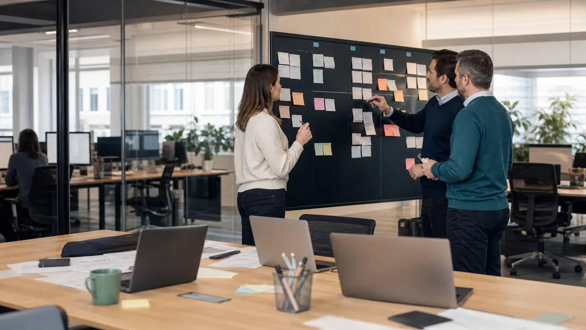 Staffingteam dat live vacaturewijzigingen en recruiterprioriteiten bespreekt aan een gedeelde desk