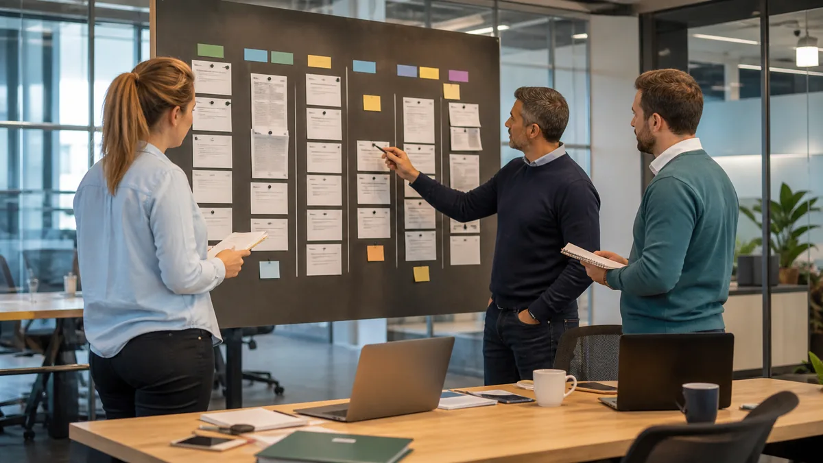 Staffing managers reviewing vacancy ownership, client updates, and recruiter actions on a shared workflow board
